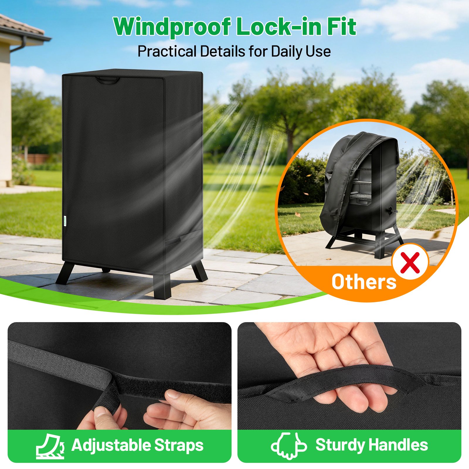 Arborlily 40 Inch Electric Smoker Cover for Masterbuilt, Heavy Duty Waterproof Outdoor Square Vertical Smoker Grill Cover with Windproof Straps & Handles, All-Weather Fade Resistant, Black - Image 4