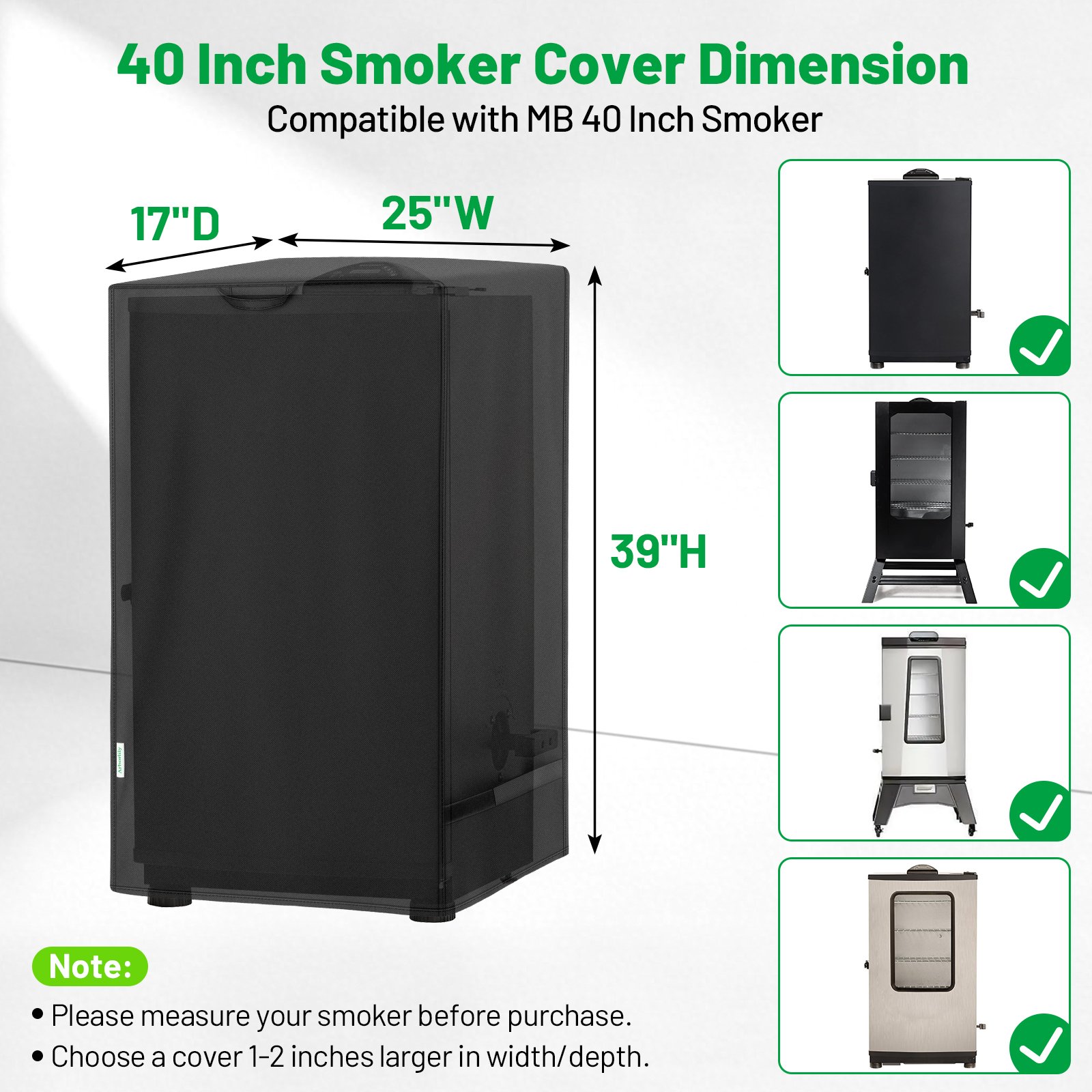 Arborlily 40 Inch Electric Smoker Cover for Masterbuilt, Heavy Duty Waterproof Outdoor Square Vertical Smoker Grill Cover with Windproof Straps & Handles, All-Weather Fade Resistant, Black - Image 2