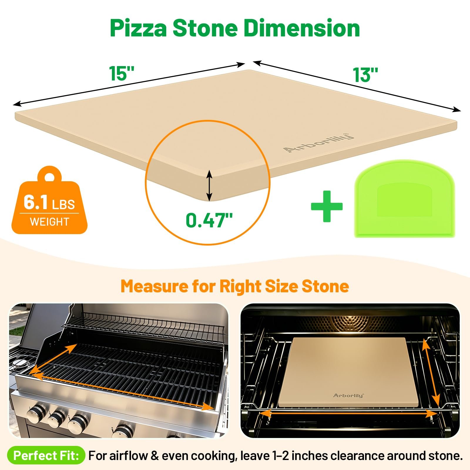 Arborlily Pizza Stone for Oven and Grill, 15 x 13 Inch Cordierite Baking Stone with Scraper, Even Heat for Crispy Crust, Perfect for Bread, Pies, and 12-Inch Pizzas - Image 2