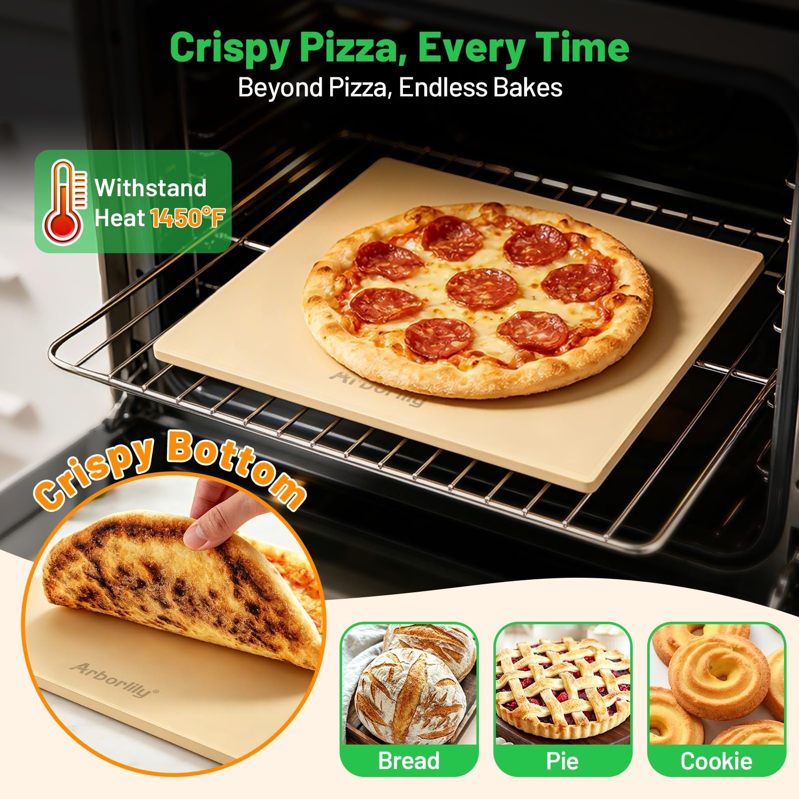 Arborlily Pizza Stone for Oven and Grill, 15 x 13 Inch Cordierite Baking Stone with Scraper, Even Heat for Crispy Crust, Perfect for Bread, Pies, and 12-Inch Pizzas - Image 4